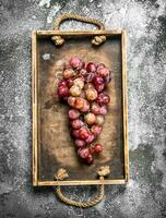 bunch of red grapes on a wooden tray. photo