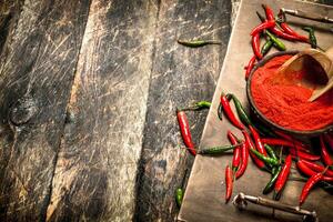 Ground hot chili pepper in a bowl. photo