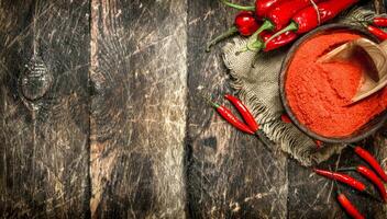 Ground hot chili pepper in a bowl. photo