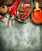 Ground red hot chili peppers in a bowl. photo