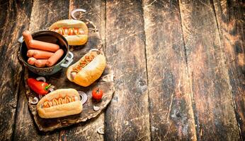 caliente perros con mostaza , cebollas y Tomates. foto