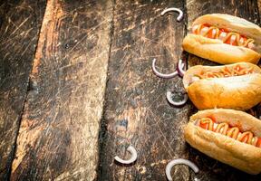 Street Food. Hot dogs with mustard and tomato sauce. photo