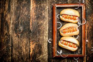 Hot dogs with mustard and tomato sauce on the Board. photo