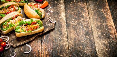 Street food. hot Dogs with herbs, vegetables and hot mustard. photo