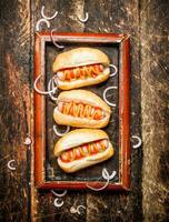 Hot dogs with mustard and tomato sauce on the Board. photo