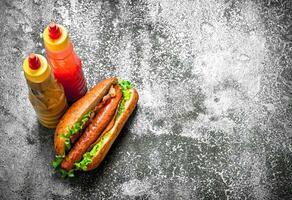 Street food. Hotdog beef with greens in a fresh bun. photo