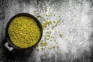 Seeds of green beans in a bowl. On rustic background. photo