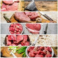 Food collage of raw meat . photo