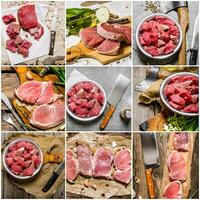 Food collage of raw meat . photo