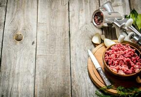 Preparated minced meat in a bowl , grinder and spices with herbs. photo