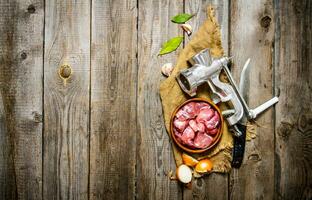 Fresh raw meat in a onion with chopper, knife and spices on old fabric. photo