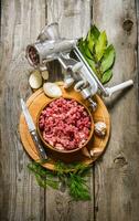Preparated minced meat in a bowl , grinder and spices with herbs. photo