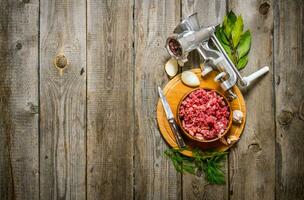 Preparated minced meat in a bowl , grinder and spices with herbs. photo