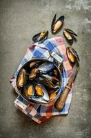 Clams in a pot with knife on fabric. photo