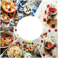 Food collage of muesli with berries. photo