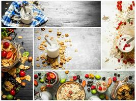 Food collage of muesli with berries. photo