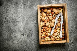 Various nuts in an old box and nutcracker. photo