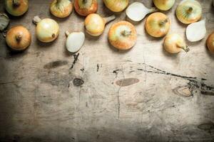 Fresh onions. On wooden background. photo