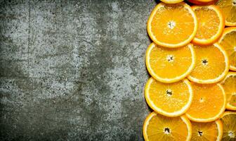 Chopped fresh oranges . Free space for text . photo