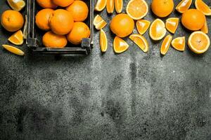 Fresh oranges in a box. photo