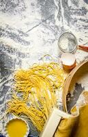 Cooking noodles. The pasta maker with strainer, eggs and flour. photo