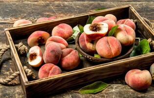 Ripe peaches on a tray. photo