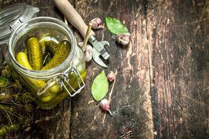 Pickled cucumbers with herbs and spices. photo