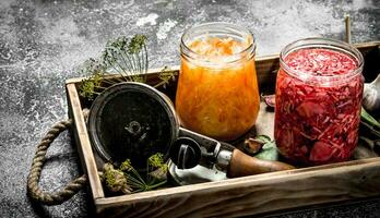 Marinated cabbage with herbs and seamer on a tray. photo