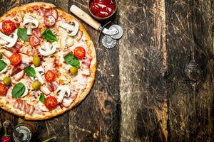 Fresh pizzas with ingredients. photo