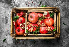 Ripe pomegranates in a box. photo