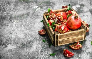 Ripe pomegranates in a box. photo