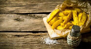 Fries with spices and salt on wooden background. Free space for text. photo