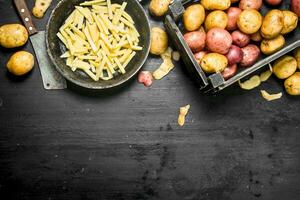 Sliced potatoes in an old frying pan. photo