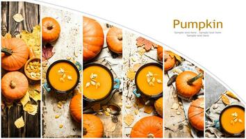 Food collage of pumpkin soup. photo