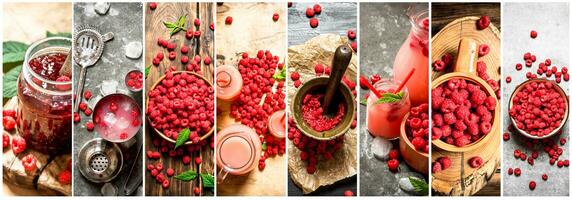 Food collage of raspberry . photo