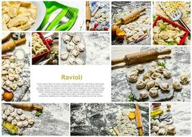 Food collage of italian ravioli . photo