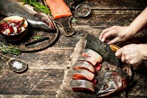 crudo pez. corte Fresco salmón De las mujeres manos. en el antiguo de madera mesa. foto
