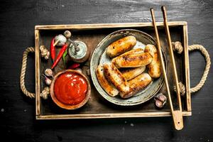 Sausages in a frying pan with sauce on a wooden tray. photo