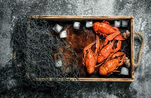 Cooked crawfish with ice and fishing net on a wooden tray. photo