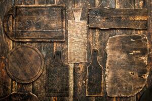 Serving background. Different old cutting Board. photo