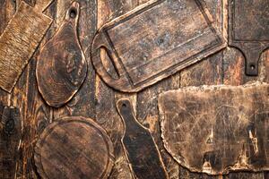 Serving background. Different old cutting Board. photo