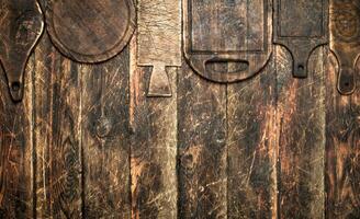 Serving background. Different old cutting Board. photo