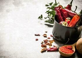 Chili pepper dried and ground in a spoon. photo