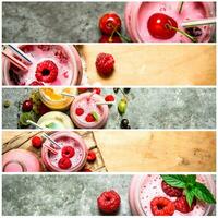 Food collage of berry smoothie . photo