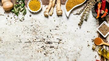 Different spices, herbs and roots view from the top. photo