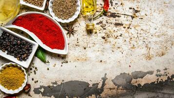 Set of colorful spices and herbs. On rustic background. photo