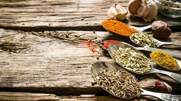 Different kinds of spices in spoons. On wooden background. photo