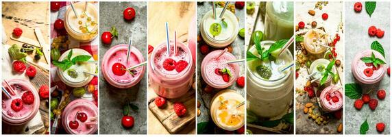 Food collage of berry smoothie . photo