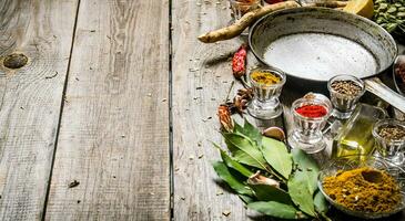 Empty frying pan with aromatic spices and herbs. photo