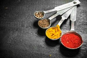 Ground spices in measuring spoons. photo